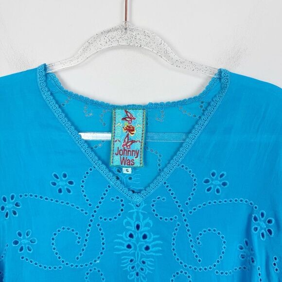 JOHNNY WAS | Bright Turquoise Blue Lasercut Embroidered Top Women’s Size Small - Picture 3 of 8